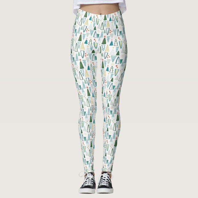 Green Watercolor Christmas Trees Pattern Leggings (Front)