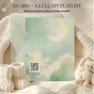 Green Watercolor Clouds Moon QR Lullabies Card