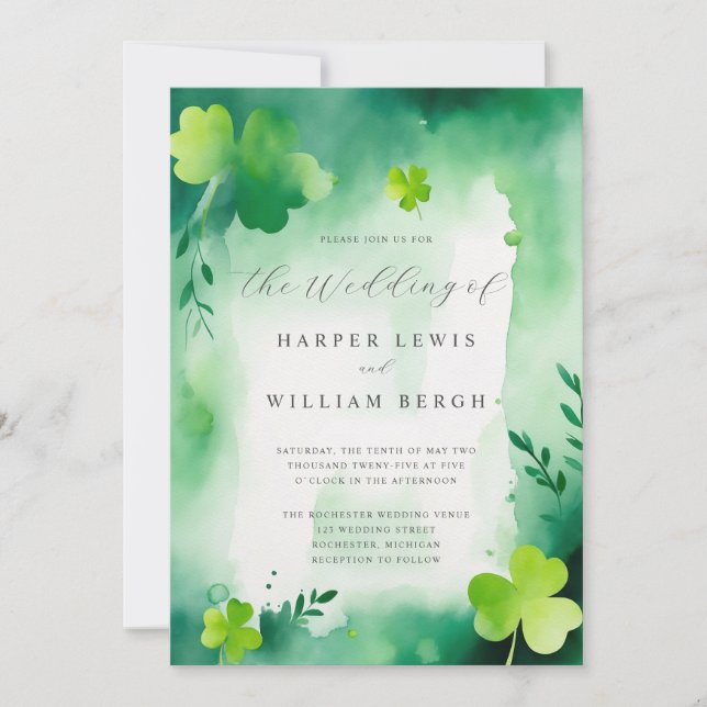 Green watercolor clover wash wedding invitation (Front)