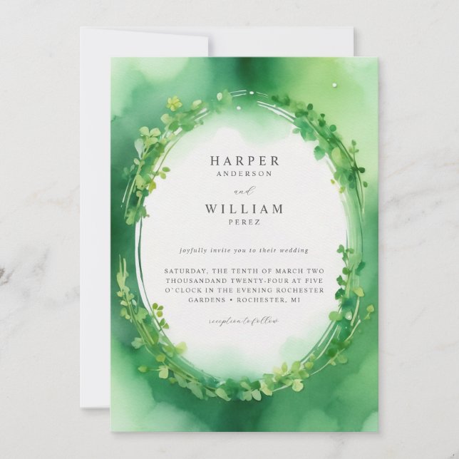 Green watercolor clover wreath wedding invitation (Front)