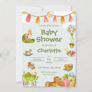 Green Watercolor Colourful Animals Baby Shower Invitation