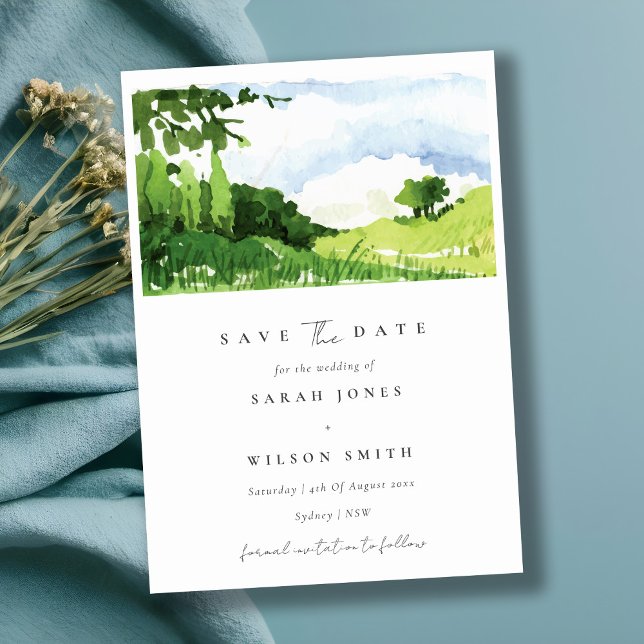 Green Watercolor Countryside Hills Save The Date Invitation (Creator Uploaded)