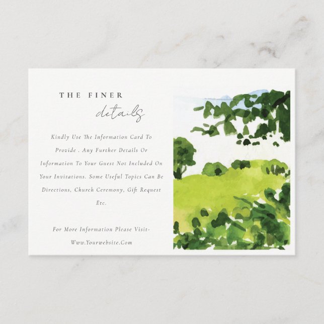 Green Watercolor Countryside Hills Wedding Details Enclosure Card (Front)