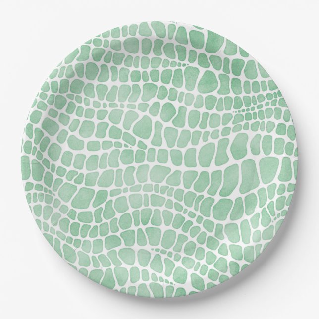 Green Watercolor Crocodile Skin Pattern Paper Plate (Front)