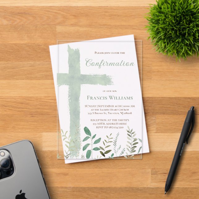 green watercolor cross Confirmation Acrylic Invitations (Insitu (Invitation Card))