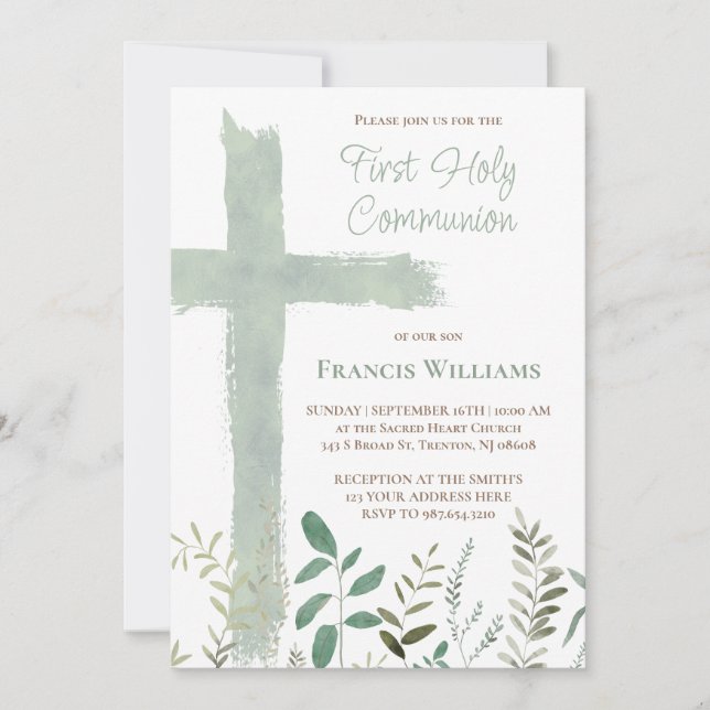 green watercolor cross First Communion Invitation (Front)