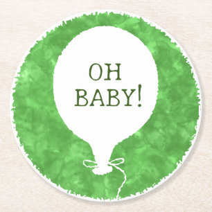 Green Watercolor Custom Text Baby Shower Oh Baby Round Paper Coaster