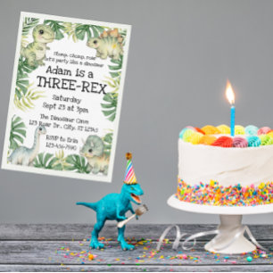 Green Watercolor Cute Three-Rex Dinosaur birthday  Invitation