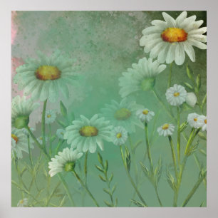 Green Watercolor Daisy Flowers Poster