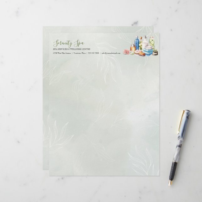 Green Watercolor Day Spa and Wellness Custom Letterhead (Front/Back In Situ)