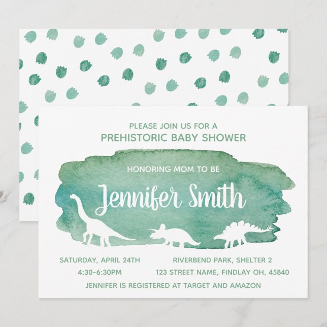 Green Watercolor Dinosaur Baby Shower Invitation (Front/Back)