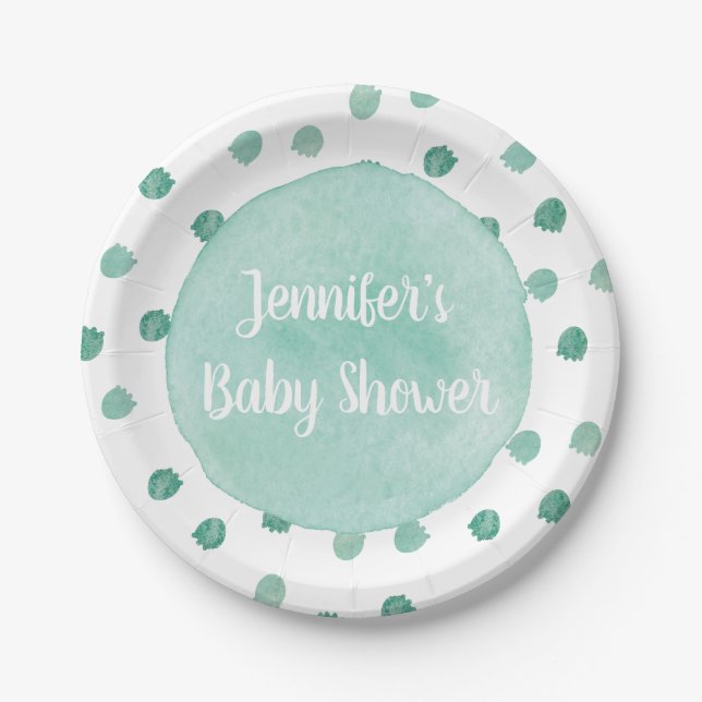 Green Watercolor Dinosaur Baby Shower Paper Plate (Front)