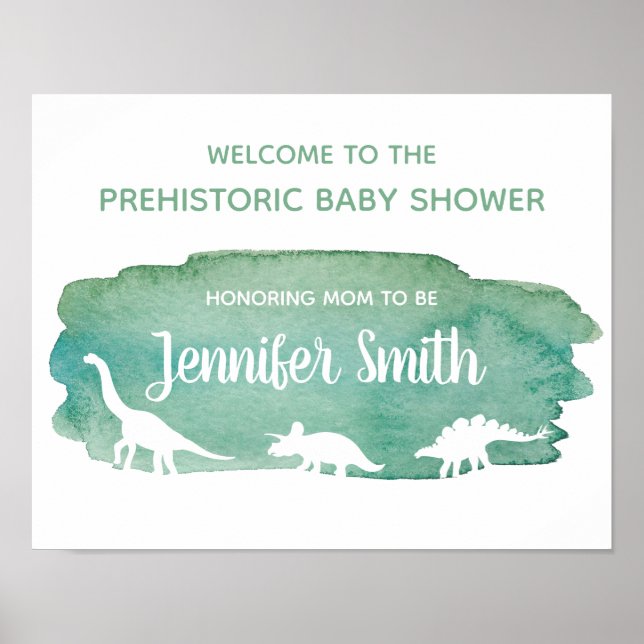 Green Watercolor Dinosaur Baby Shower Welcome Sign (Front)