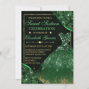 Green Watercolor Dress & Glam Edges Sweet Sixteen Invitation