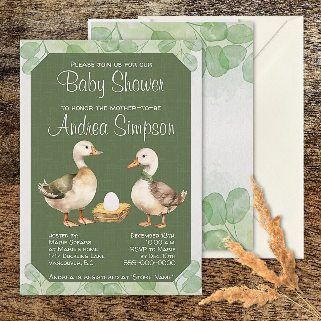Green Watercolor Ducks and Egg Baby Shower Invitation (Creator Uploaded)