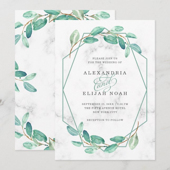Green Watercolor Eucalyptus and Marble | Wedding Invitation (Front/Back)