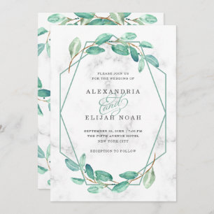 Green Watercolor Eucalyptus and Marble   Wedding Invitation
