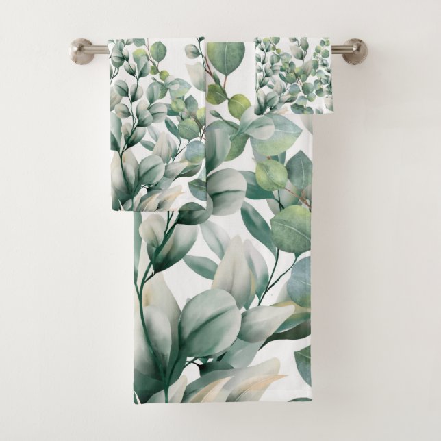 Green Watercolor Eucalyptus Leaf Bath Towel Set (Insitu)
