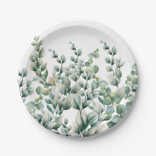 Green Watercolor Eucalyptus Leaf Paper Plate
