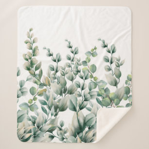 Green Watercolor Eucalyptus Leaf Sherpa Blanket
