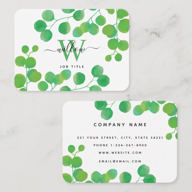 Green Watercolor Eucalyptus Leaves Professional Business Card (Front/Back)