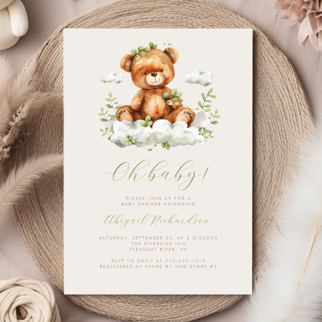 Green Watercolor Eucalyptus Teddy Bear Baby Shower Invitation (Creator Uploaded)
