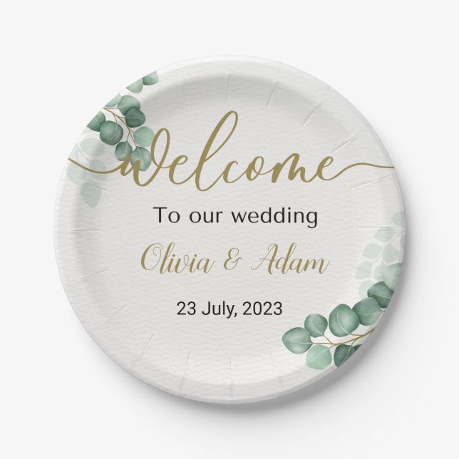 Green Watercolor Eucalyptus Wedding Welcome Sign Paper Plate (Front)