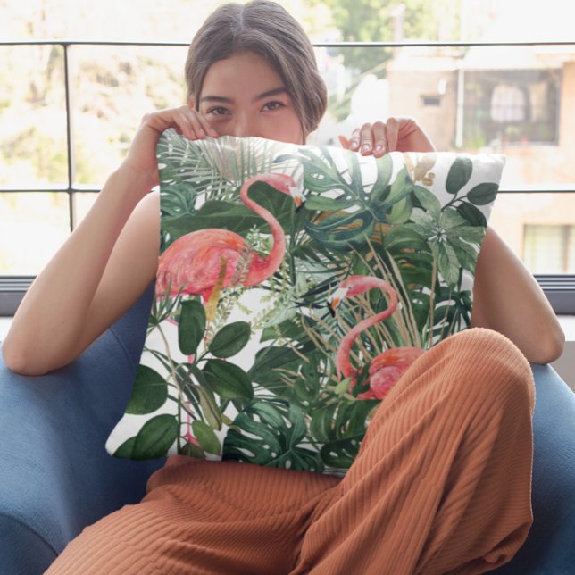 Green Watercolor Flamingo Tropical Leaves Cushion (Creator Uploaded)