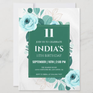 Green Watercolor Floral 11th birthday Invitation