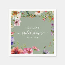 Green Watercolor Floral Bridal Shower Paper Napkin