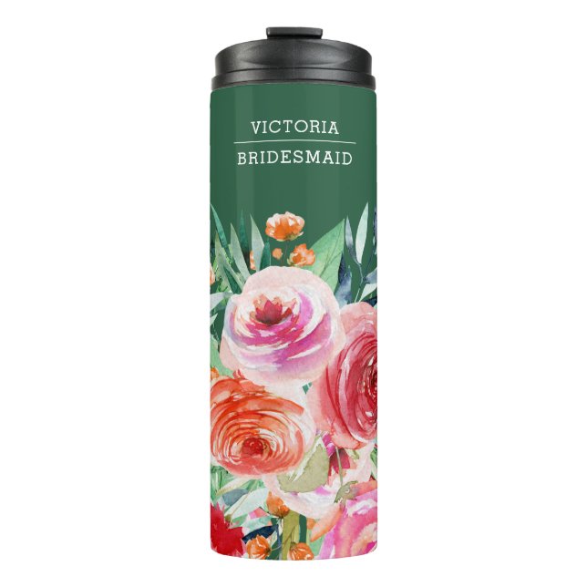 Green Watercolor Floral Custom Bridesmaid Name Thermal Tumbler (Front)