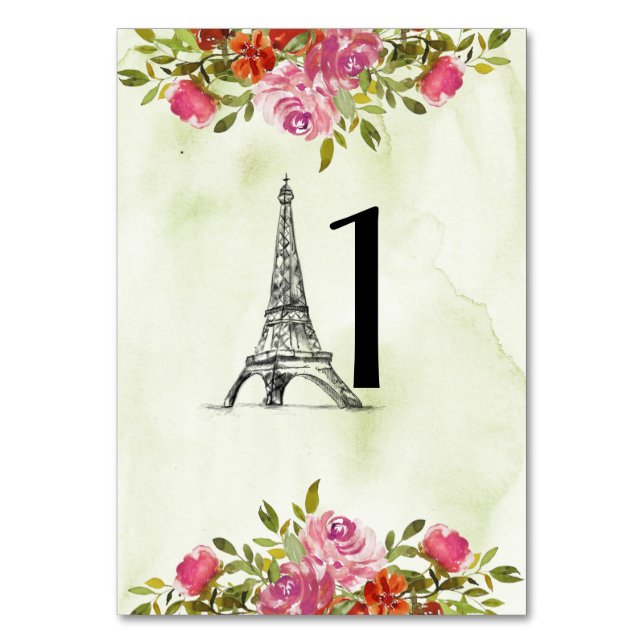 Green Watercolor Floral Eiffel Tower Table Number (Front)