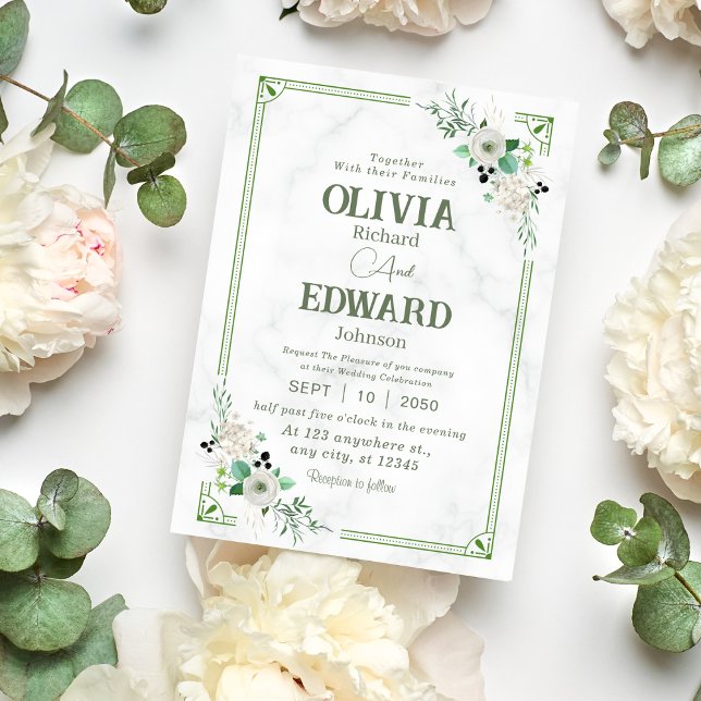 Green Watercolor Floral, Marble Background Wedding Invitation (Creator Uploaded)