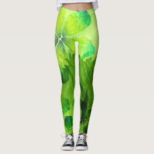 Green Watercolor Floral Pattern Leggings
