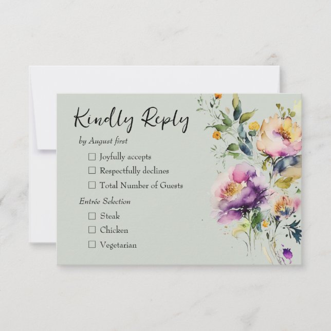Green Watercolor Floral Wedding RSVP Card (Front)