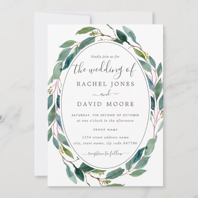 Green Watercolor Floral Wreath Wedding Invitation (Front)