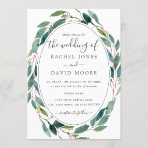 Green Watercolor Floral Wreath Wedding Invitation