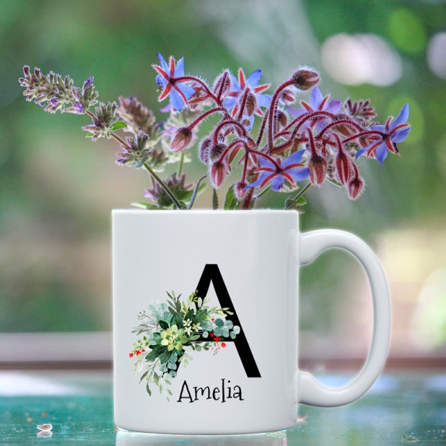 Green watercolor flower monogram white coffee mug (Creator Uploaded)