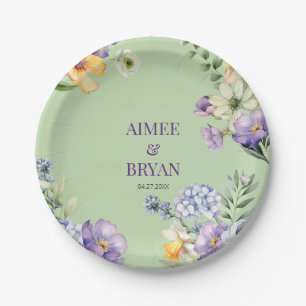 Green Watercolor Flower Wedding Paper Plate