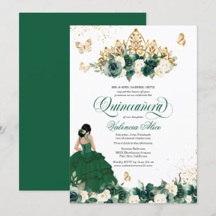 Green Watercolor Flowers Butterfly Quinceanera Invitation