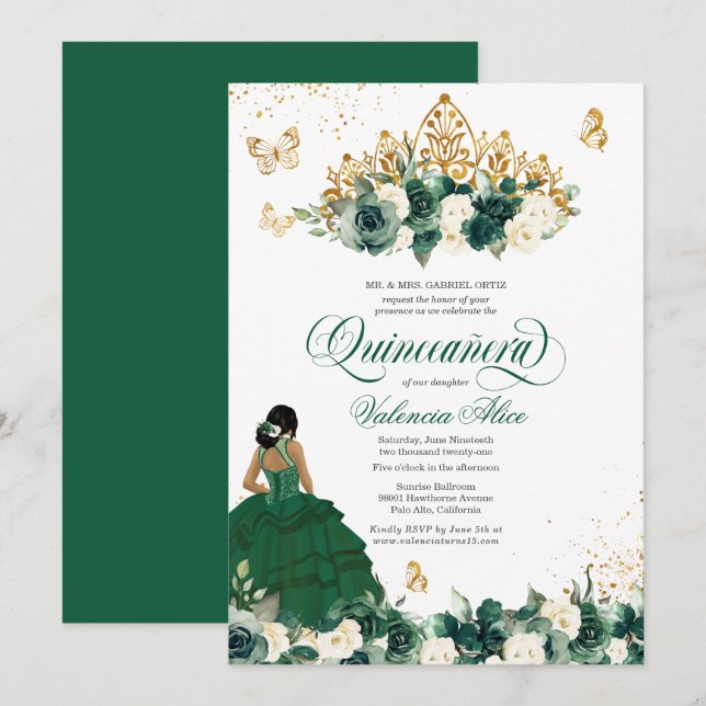 Green Watercolor Flowers Butterfly Quinceanera Invitation (Front/Back)
