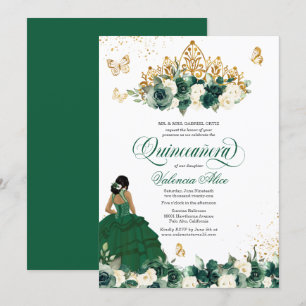 Green Watercolor Flowers Butterfly Quinceanera Invitation