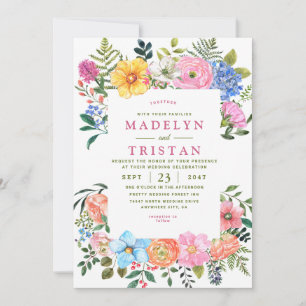 Green Watercolor Flowers Minimalist photo Wedding Invitation
