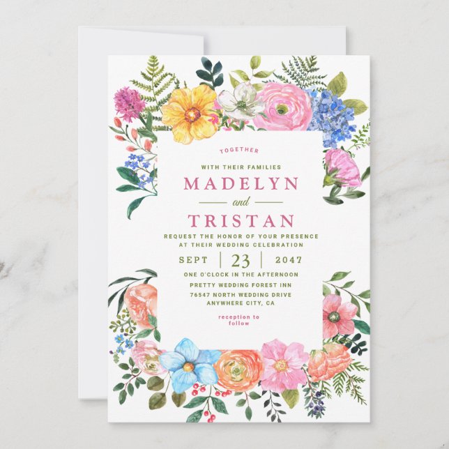 Green Watercolor Flowers Minimalist photo Wedding Invitation (Front)