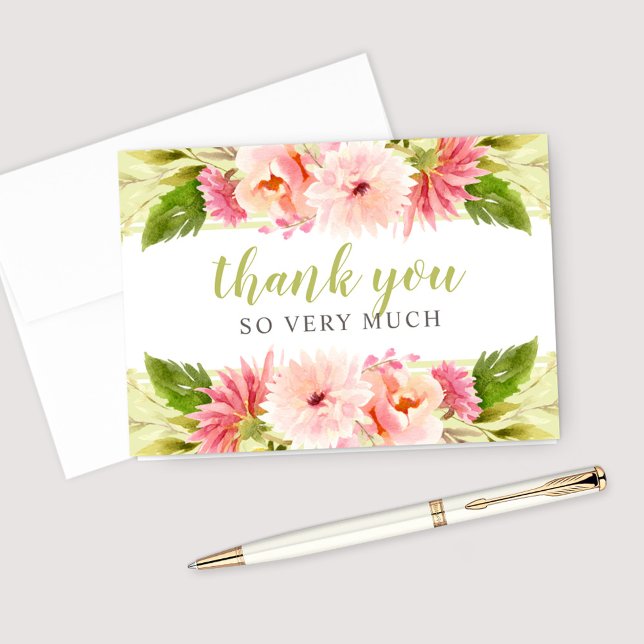 Green Watercolor Flowers Wedding Bridal Shower Thank You Card (Creator Uploaded)