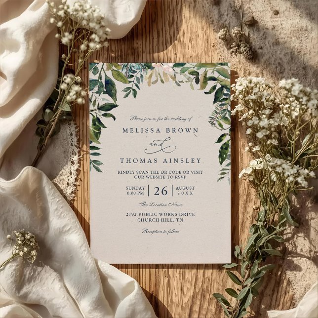 Green Watercolor Foliage Arch QR Code Wedding Invitation (Creator Uploaded)