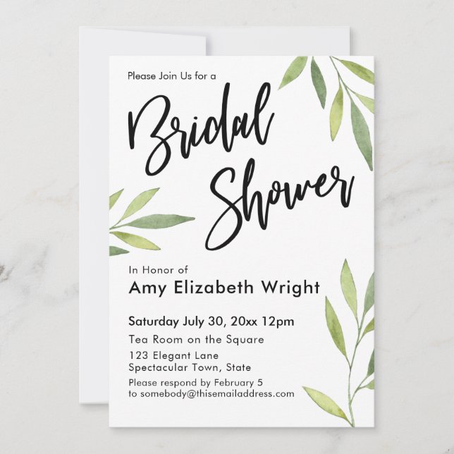 Green Watercolor Foliage Bridal Shower Invitation (Front)