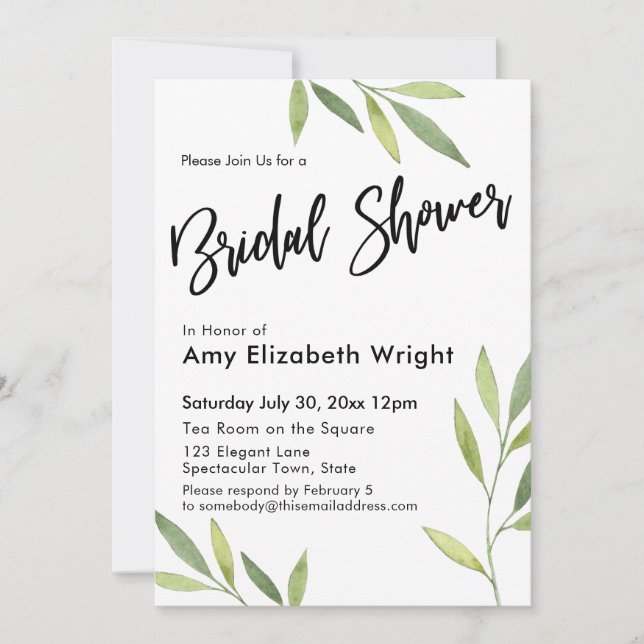 Green Watercolor Foliage Bridal Shower Invitation (Front)