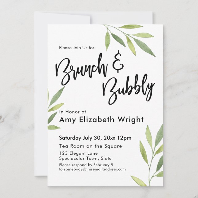 Green Watercolor Foliage Brunch & Bubbly Invitation (Front)