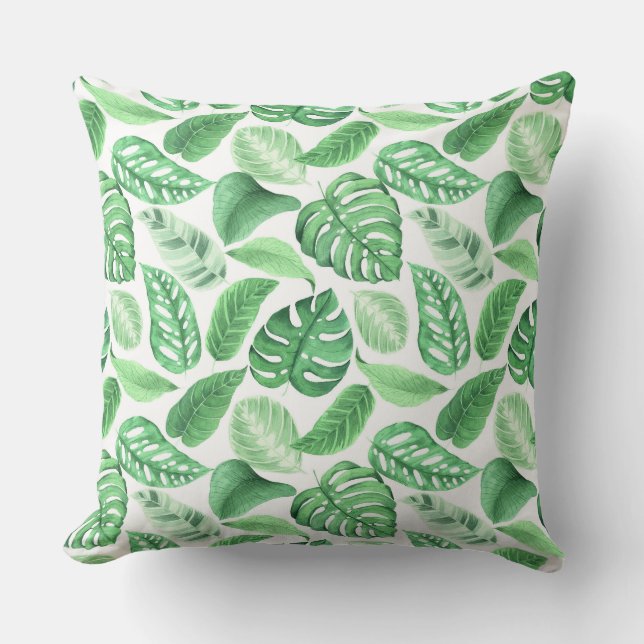 Green Watercolor Foliage Pattern Cushion (Front)
